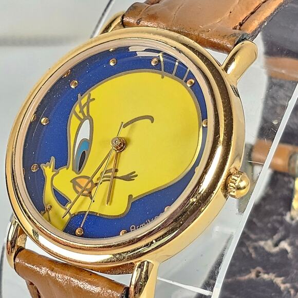 1994 Armitron Tweety Bird Watch Quartz Analog 33.9mm Face Brown Leather Strap - Picture 2 of 16